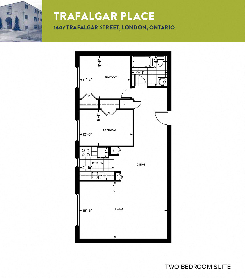 Floor plan for 2 beds, 1 bath, 758 sqft